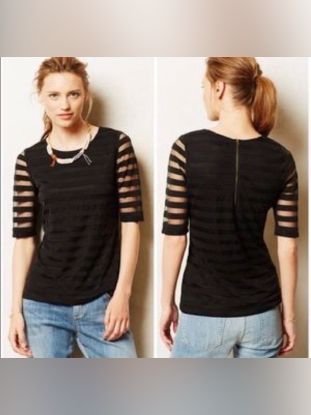 Anthropologie Sunday in Brooklyn Striped Short Sleeve Top Black small petite